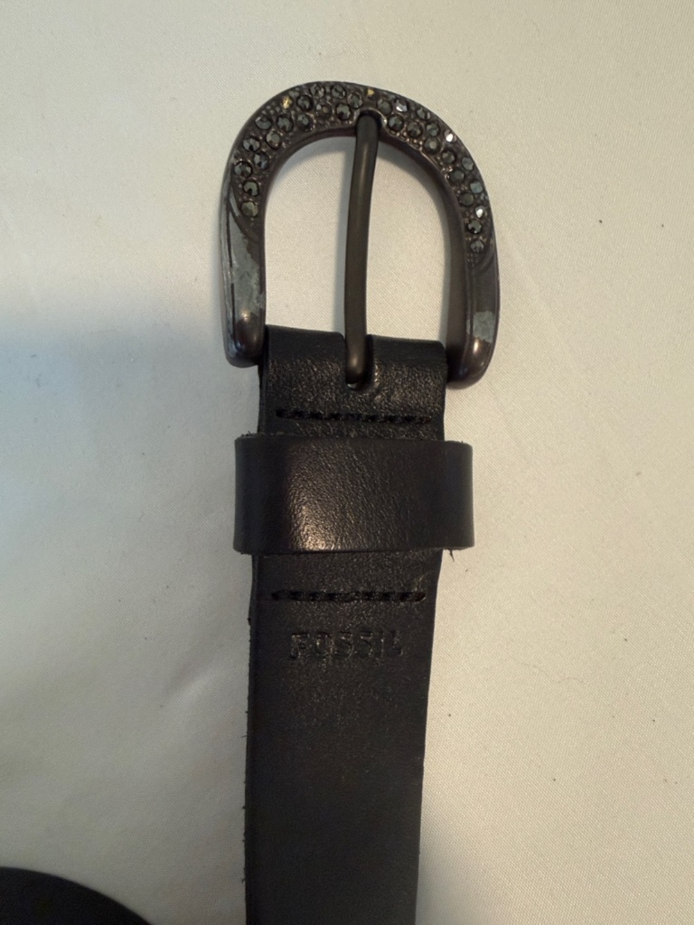 Fossil Black Leather Belt with Dark Gunmetal Crystal Buckle